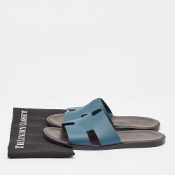 Hermes Blue Leather Izmir Slides Size 45