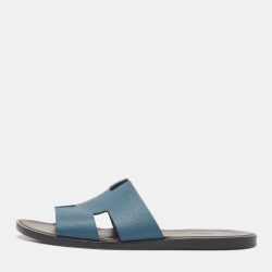 Hermes Blue Leather Izmir Slides Size 45