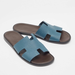Hermes Blue Leather Izmir Slides Size 45
