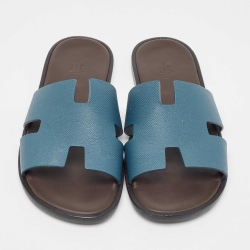 Hermes Blue Leather Izmir Slides Size 45