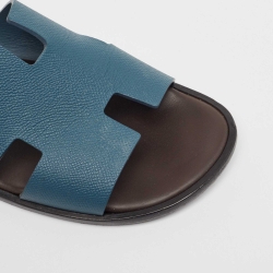 Hermes Blue Leather Izmir Slides Size 45