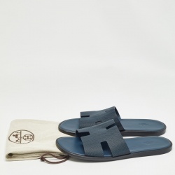 Hermes Navy Blue  Leather Izmir Flat Slides Size 47