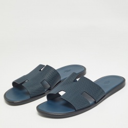 Hermes Navy Blue  Leather Izmir Flat Slides Size 47