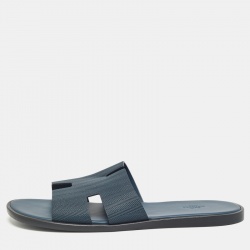 Hermes Navy Blue  Leather Izmir Flat Slides Size 47