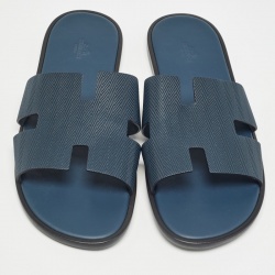 Hermes Navy Blue  Leather Izmir Flat Slides Size 47