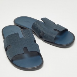 Hermes Navy Blue  Leather Izmir Flat Slides Size 47