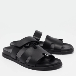 Pre Owned Hermes Black Leather Chypre Sandals Size 45
