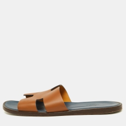 Hermes Brown Leather Izmir Flat Slides Size 42.5