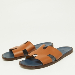 Hermes Brown Leather Izmir Flat Slides Size 42.5