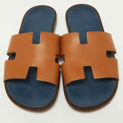 Hermes Brown Leather Izmir Flat Slides Size 42.5