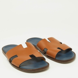 Hermes Brown Leather Izmir Flat Slides Size 42.5
