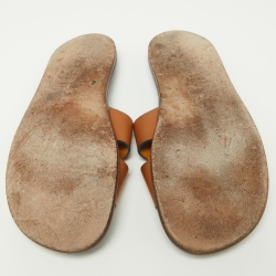 Hermes Brown Leather Izmir Flat Slides Size 42.5