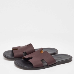 Hermes Burgundy Leather Izmir Flat Slides Size 42.5
