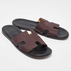 Hermes Burgundy Leather Izmir Flat Slides Size 42.5