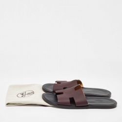 Hermes Burgundy Leather Izmir Flat Slides Size 42.5