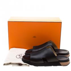 Hermes Black Leather Pharaon Flat Sandals Size 43