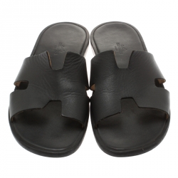 Pre Owned Hermes Black Leather Izmir Sandals Size 42.5