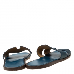 Hermes Blue Leather Izmir Slip On Slides Size 45