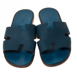 Hermes Blue Leather Izmir Slip On Slides Size 45