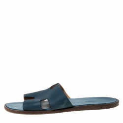 Hermes Blue Leather Izmir Slip On Slides Size 45