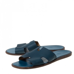 Hermes Blue Leather Izmir Slip On Slides Size 45