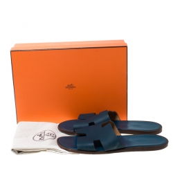 Hermes Blue Leather Izmir Slip On Slides Size 45