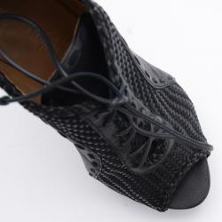 مملوكة مسبقًا Hermes Black Woven Lace Up Peep Toe Booties Size 37
