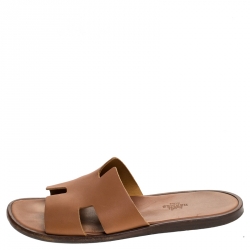 Hermes Brown Leather Izmir Flat Slides Size 42.5