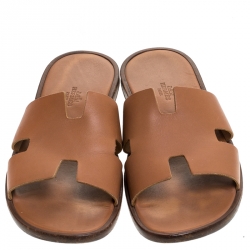 Hermes Brown Leather Izmir Flat Slides Size 42.5