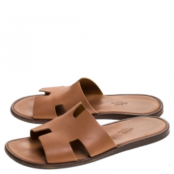 Hermes Brown Leather Izmir Flat Slides Size 42.5