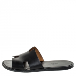 Hermes Black Leather Izmir Flat Slides Size 43