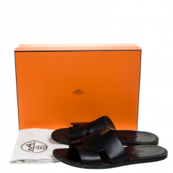 Hermes Black Leather Izmir Flat Slides Size 43