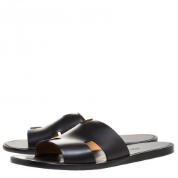 Hermes Black Leather Izmir Flat Slides Size 44.5