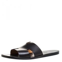 Hermes Black Leather Izmir Flat Slides Size 44.5