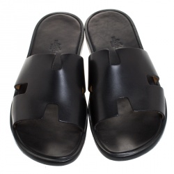 Hermes Black Leather Izmir Flat Slides Size 44.5
