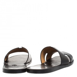 Hermes Black Leather Izmir Flat Slides Size 44.5