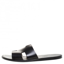 Hermes Black Leather Izmir Flat Slides Size 44.5