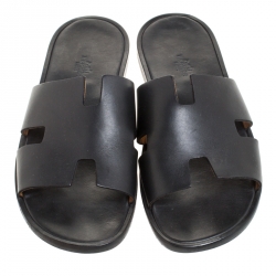 Hermes Black Leather Izmir Flat Slides Size 43