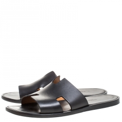 Hermes Black Leather Izmir Flat Slides Size 43
