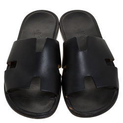 Hermes Black Leather Izmir Flat Slides Size 43