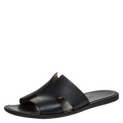 Hermes Black Leather Izmir Flat Slides Size 43