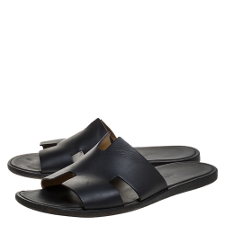 Hermes Black Leather Izmir Flat Slides Size 43