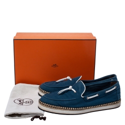 Hermes Teal/White Canvas And Leather Trim Optimiste Espadrille Moccasins Size 43 