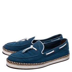Hermes Teal/White Canvas And Leather Trim Optimiste Espadrille Moccasins Size 43 