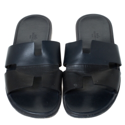 Hermes Black Leather Izmir Slide Sandals Size 44
