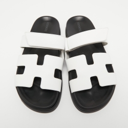 Hermes White Leather Chypre Slides Size 41