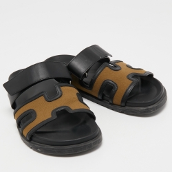 Hermes Brown/Black Canvas and Leather Chypre Sandals Size 42