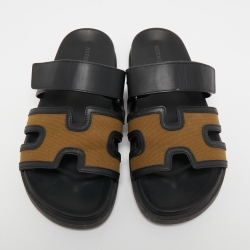 Hermes Brown/Black Canvas and Leather Chypre Sandals Size 42