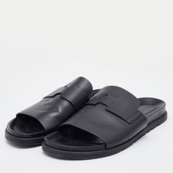 Hermes Black Leather Vigo Flat Slides Size 44.5