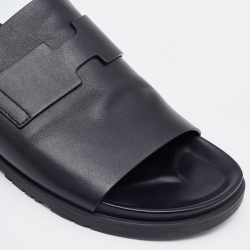 Hermes Black Leather Vigo Flat Slides Size 44.5